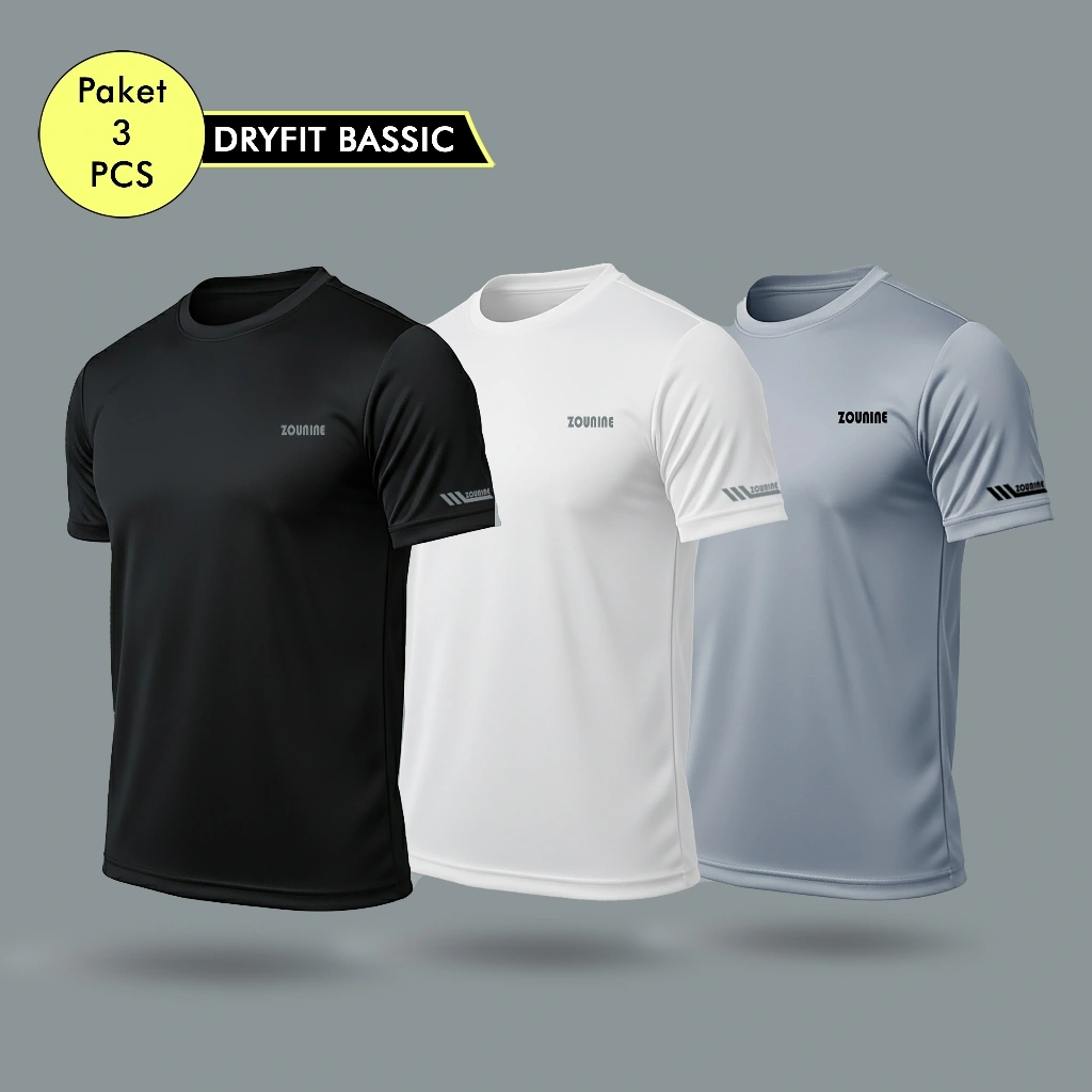 Zou9 - 3 Pcs Kaos Olahraga Pria Lengan Pendek Baju Atasan Gym Badminton Fitness Jogging Bahan Dryfit