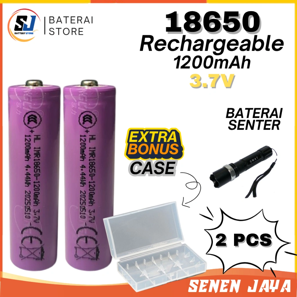 BONUS CASE!! 18650 1200mAh 3,7V Rechargeable Batre Senter Kipas Angin Portabel Power bank 2 PCS