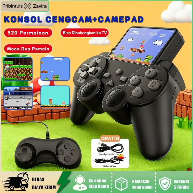 PRIBINRUIS Permainan Handheld dengan Joystick 520 Permainan Konsol Game FC Klasik Nostalgia Layar Besar untuk Dua Orang yang