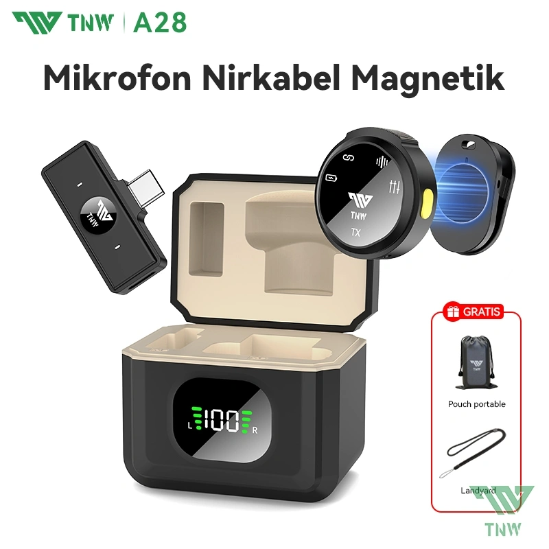 TNW A28 Wireless Microphone Magnetic Clip On Mic Lavalier Microphone HP Plug & Play Nirkabel Mikrofon with Charging Case