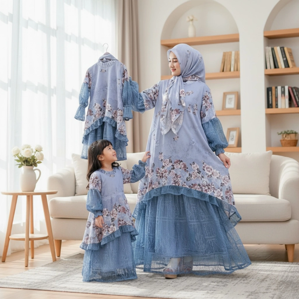 Gamis Shakira Raya 2026 Set Hijab Segi Empat Couple Terpisah Anak Perempuan Bahan Ceruty Mix Brukat Chantily Baju Muslim Lebaran