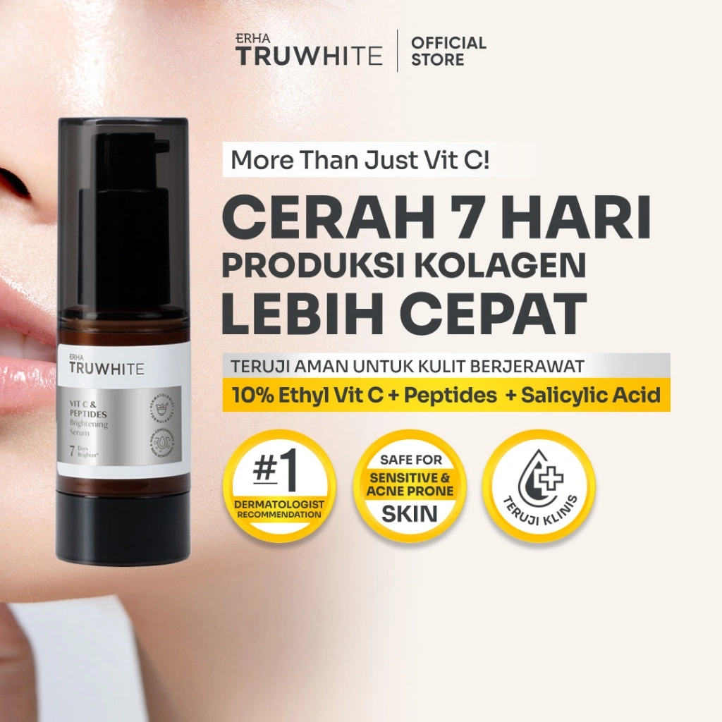 ERHA Truwhite Brightening Serum with Ethyl Vit C/Vitamin C & Peptides – 20ml | Cerah, Plumpy, Glowing, cocok untuk kulit Normal/Sensitif/Jerawat - Serum Pencerah Wajah