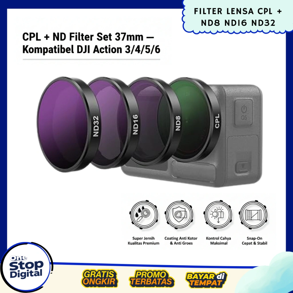 Filter Kamera CPL + ND8/16/32 37mm – Kompatibel DJI Action 3, 4, 5 Pro, 6 Snap-On Cepat & Stabil