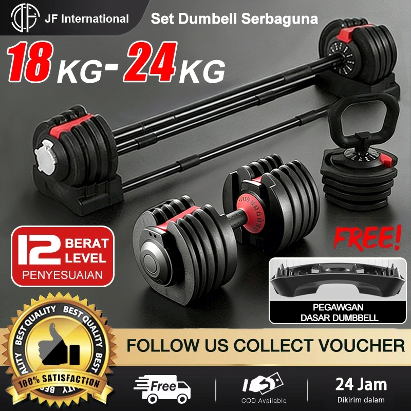Alat Olahraga Dumbbell, Barbells & Kettlebell Baja Set Kombinasi Bobot 18KG-24KG Dapat Diatur