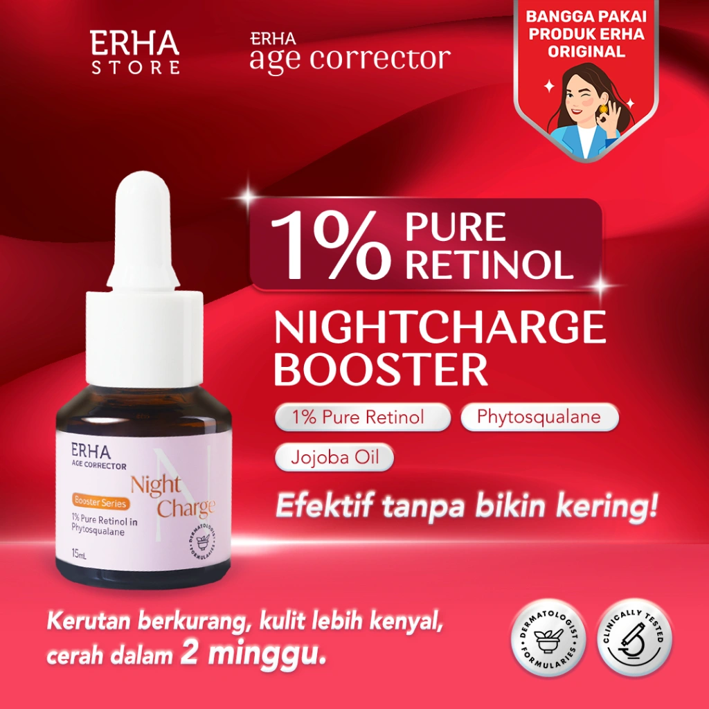 ERHA Age Corrector 1% Pure Retinol Night Charge Booster HYDRATING PURE RETINOL | Booster Awet Muda | Jojoba Oil | Phytosqualane | Melembabkan | Mengurangi Kerutan Garis Halus Keriput | Mencerahkan | Kencang Cerah Plumpy Glowing