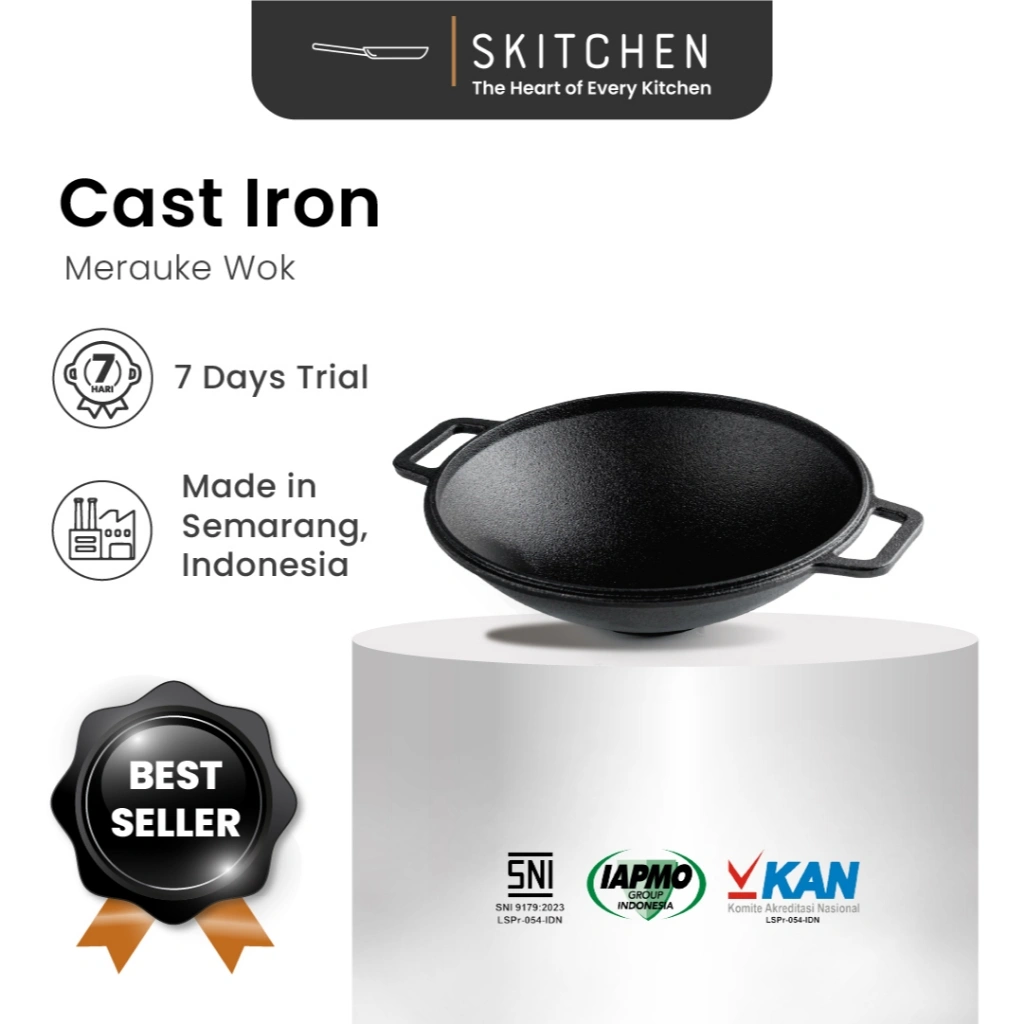 SKITCHEN Cast Iron Merauke Wok - Wajan Kuali Penggorengan Besi Cor Premium Anti Gores Tahan Panas