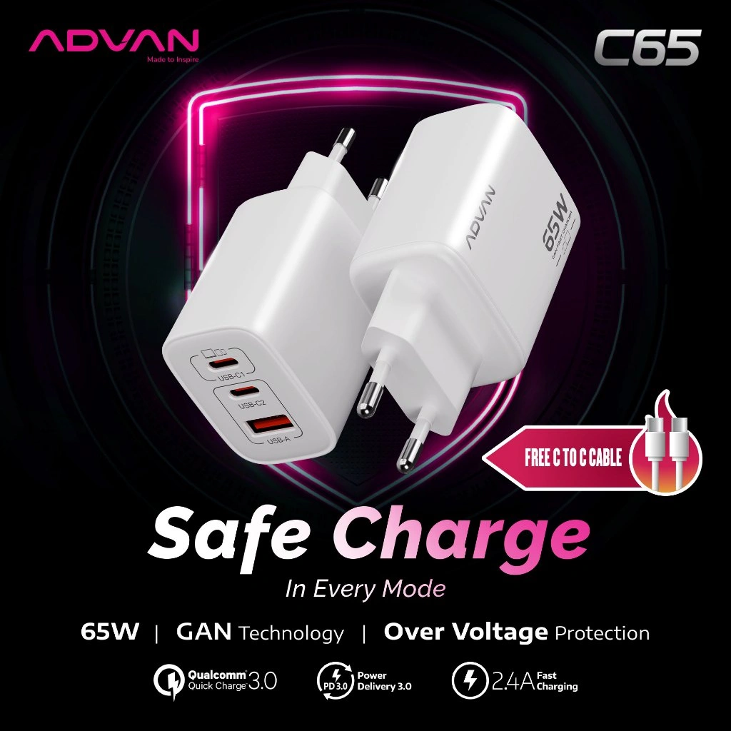 [FREE Kabel Type-C] ADVAN Safe Charge C65 | GaN Technology 65W PD3.0 QC3.0 Super Fast Charging Laptop HP Tablet |  Support Android & Apple | 2 Port Type-C + 1 Port USB-A | Ultra Compact Fast Charger | Garansi Resmi 1 Tahun