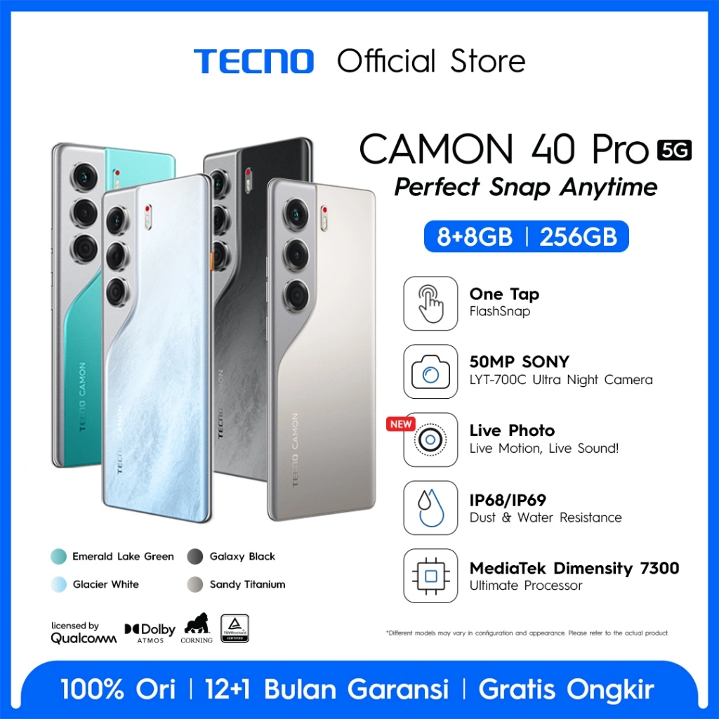 [FLASHSNAP PRO] TECNO CAMON 40 Pro 5G 8+8GB*256 GB, Mediatek D7300 Ultimate, 6.78” FHD+144HZ 3D Curved Amoled, 50MP Sony & 8MP Ultra Wide Camera+50MP Front Camera,  5200mAh, IP68&69