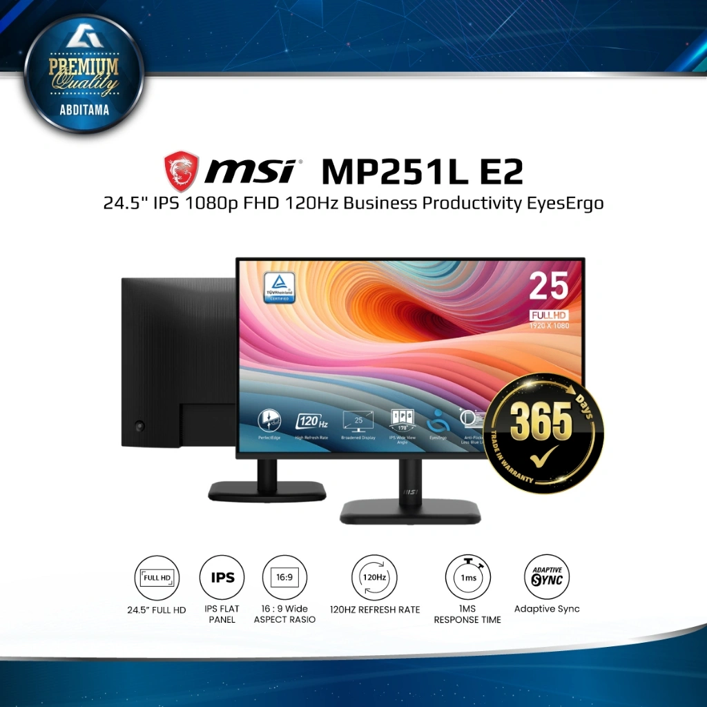 Monitor LED PRO MSI MP251L E2 24.5" IPS 1080p FHD 120Hz VGA x1 HDMI x1 Vesa 100x100mm Business Productivity Monitors 4-Side Slim Bezel 92% Screen-To-Body Ratio EyesErgo Slim Sleek Smooth Simplicity At Your Fingertips - MSI Display Kit App