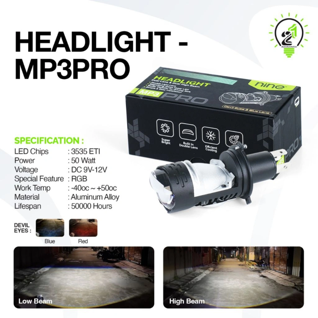 SEPASANG LAMPU LED H4 MINI PROJECTOR + DEVIL ORIGINAL NINE LUXIMOS MP3PRO 100 WATT