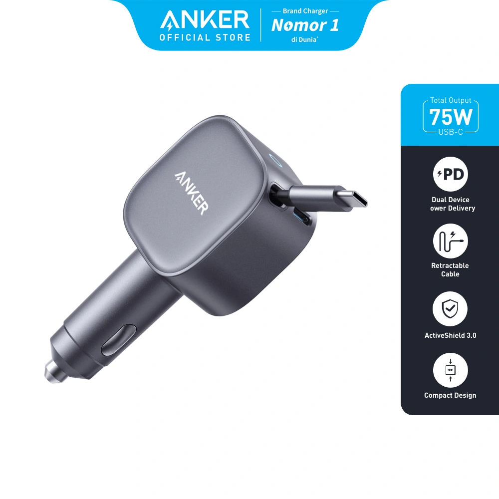 Anker USB-C Car Charger 75W Max Ultra-Compact Type-C Fast Car Charger with Built-in Retractable Cable Car Adapter Compatible for iPhone Samsung iPad MacBookPro/Air - A2738