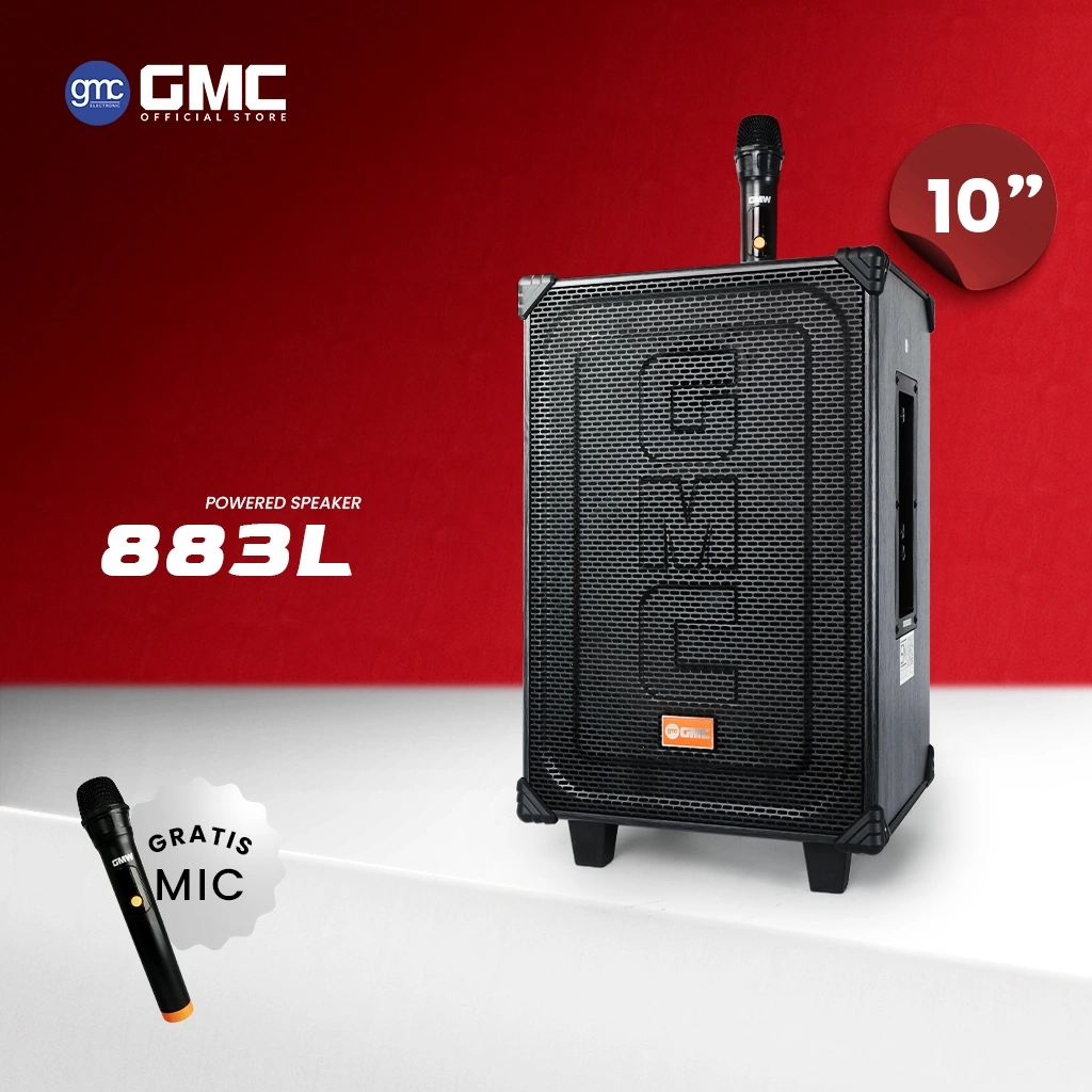 GMC Speaker 883L – Speaker Karaoke Bluetooth 10” – 115W, Gratis Mic Wireless, USB, SD, AV In