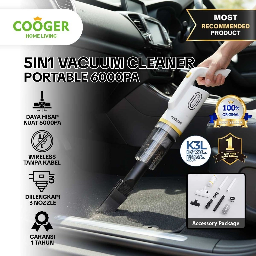 COOGER 5in1 Vacuum Cleaner Portable Tanpa Kabel Charging Type C Garansi 1Tahun Pembersih Lantai Debu