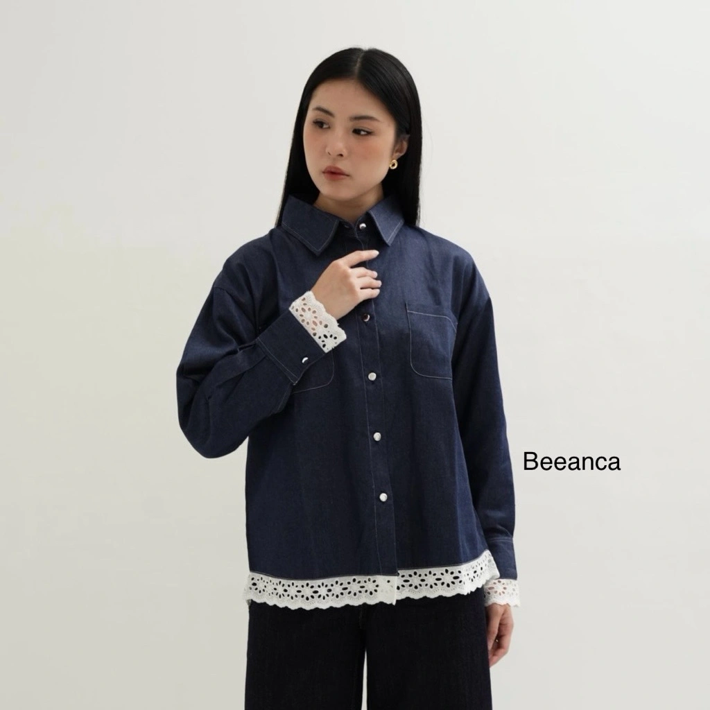 BEEANCA - Ameera denim blouse |blouse denim wanita|atasan wanita|pakaian denim wanita|blouse renda