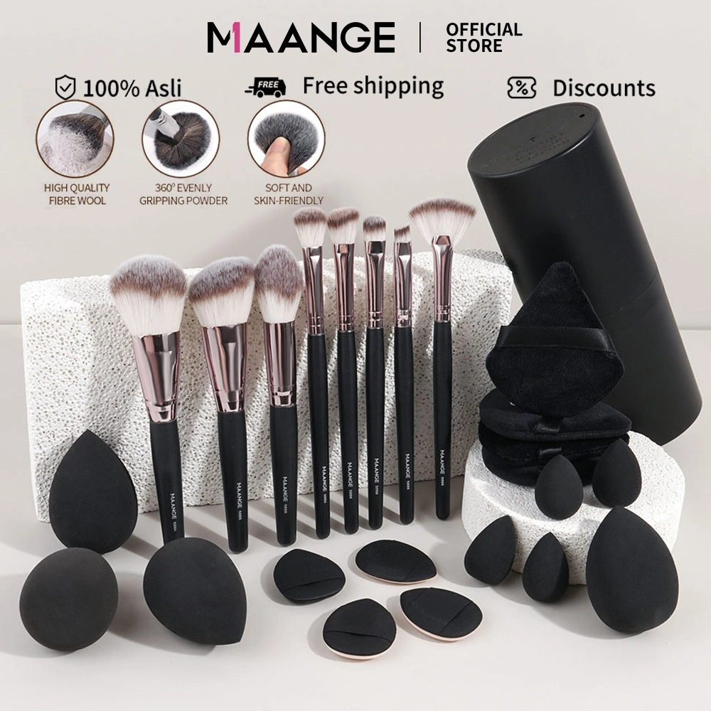 MAANGE 9Pcs Kuas Make Up Brush Set Rambut Lembut Fluffy Alat Kecantikan + 16Pcs Spons Makeup Dan Ember Kuas 52263