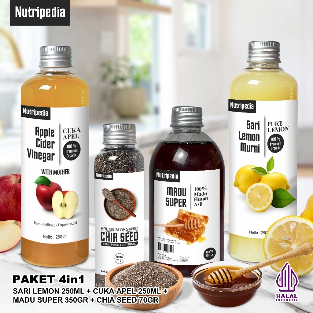 Nutripedia Paket Diet Detox 4in1 - Cuka Apel 250ml, Sari Lemon 250ml, Madu 350gr, ChiaSeed 70gr