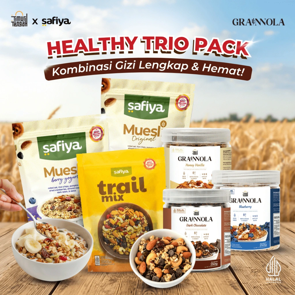 Timur Tengah X Safiya Food [Paket Bundling Hemat] Grainnola +  Muesli + Trail Mix | Granola Camilan Sehat Kaya Serat Sereal Sarapan Praktis Rendah Kalori Dark Chocolate, Vanilla Honey, Blueberry, Mango Yogurt, Cheese and Cream, Milky Milk