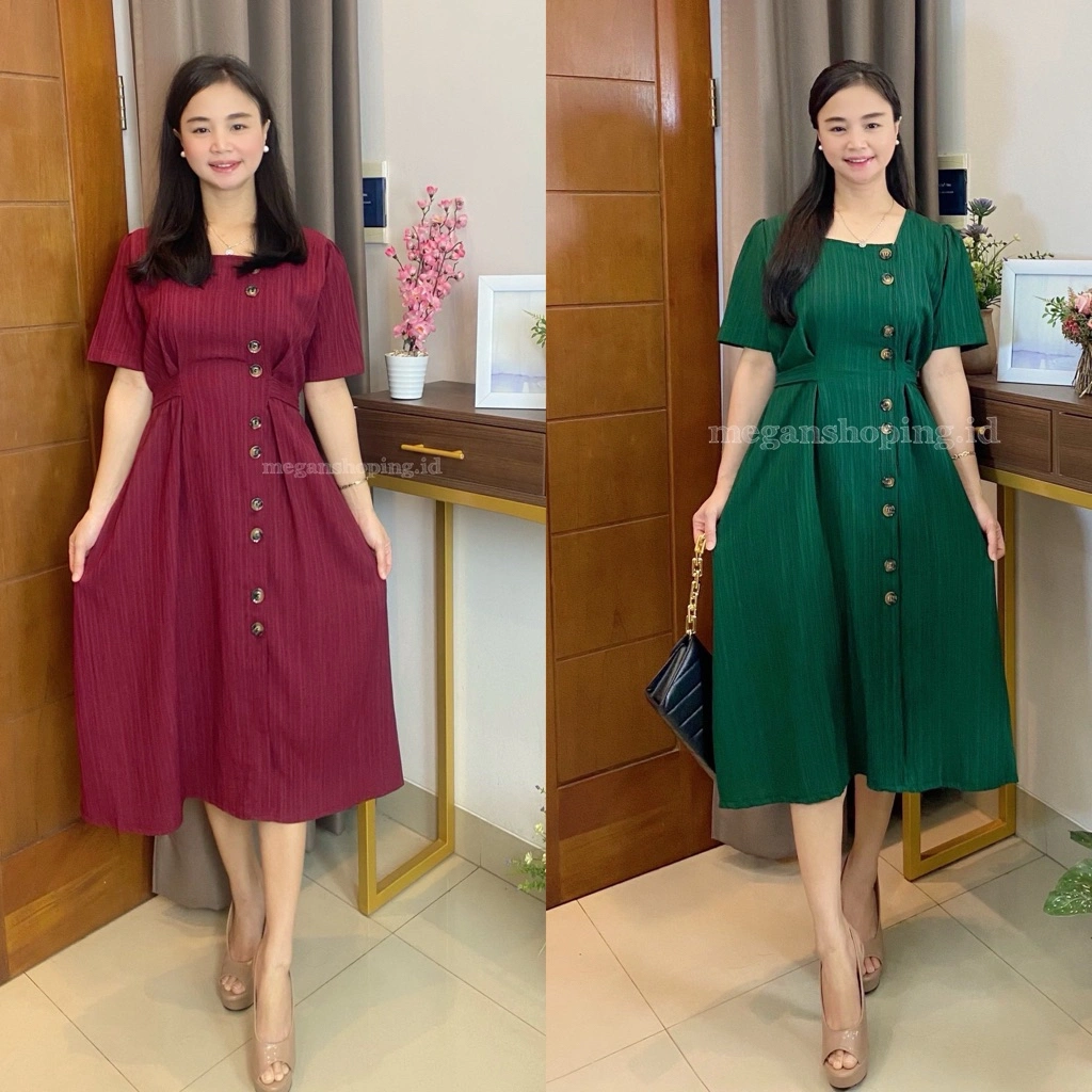 meganshoping - Raisa Dress Kancing Depan Ada 2 Size STANDART & BIG SIZE Simple Casual Midi Korea Fashion Terusan Wanita