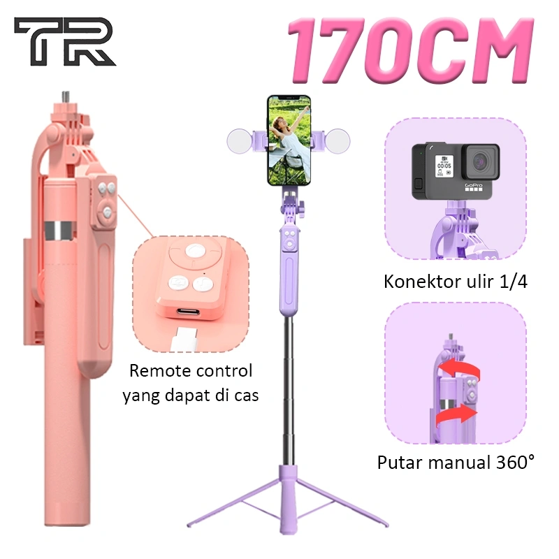 TRBEST 170CM Selfie Stick Tripod Tongsis 7 Tombol Tongkat Selfie Dengan Monopod Dengan Wireless Bluetooth Remote Control Portable Lampu Jarak Jauh Bluetooth Untuk Vlogging
