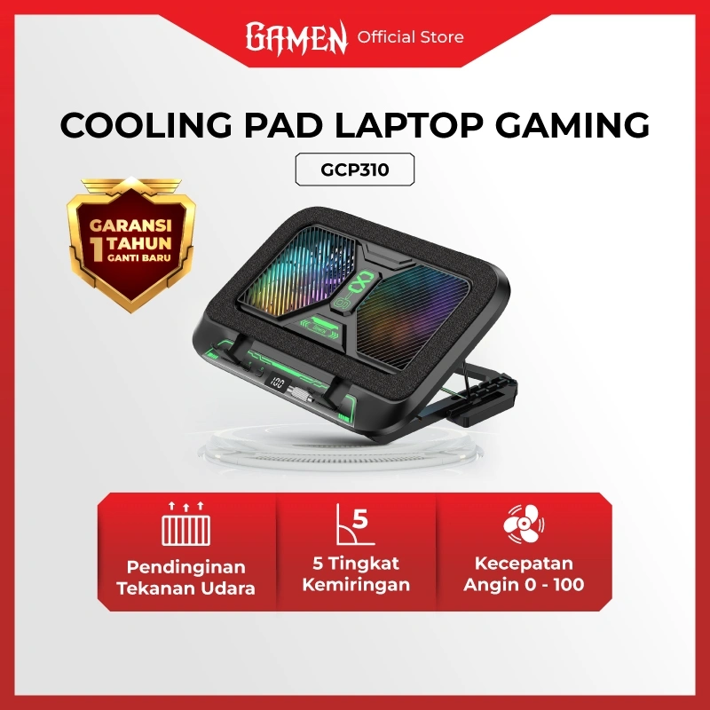 GAMEN Laptop Gaming Cooling Pad GCP310 Kipas 2 Inti 100 Level Fan Speed 3900 RPM Dengan Phone Holder Silent Fan Cooling Pad Laptop Original