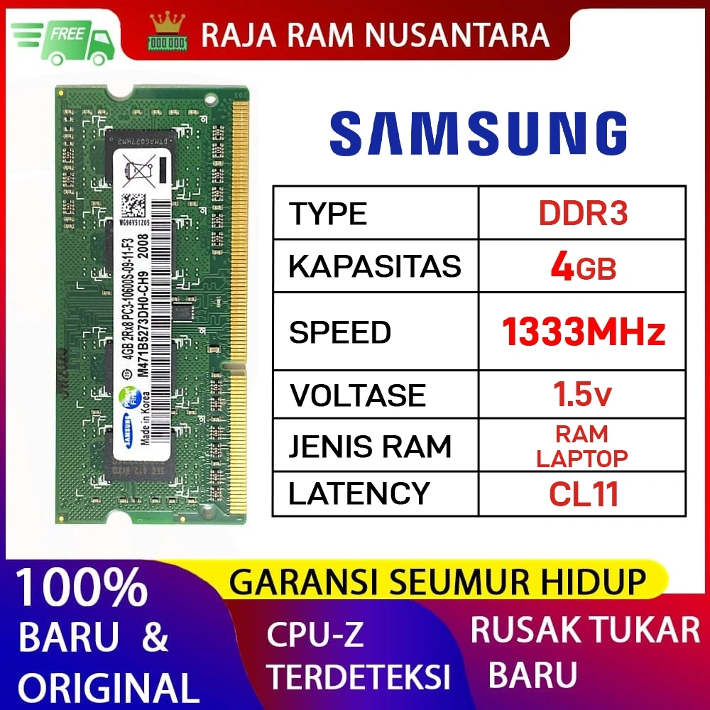 RAM LAPTOP SAMSUNG DDR3 4GB 1333MHz PC 10600 1.5v ORI RAM SODIMM DDR3 4GB