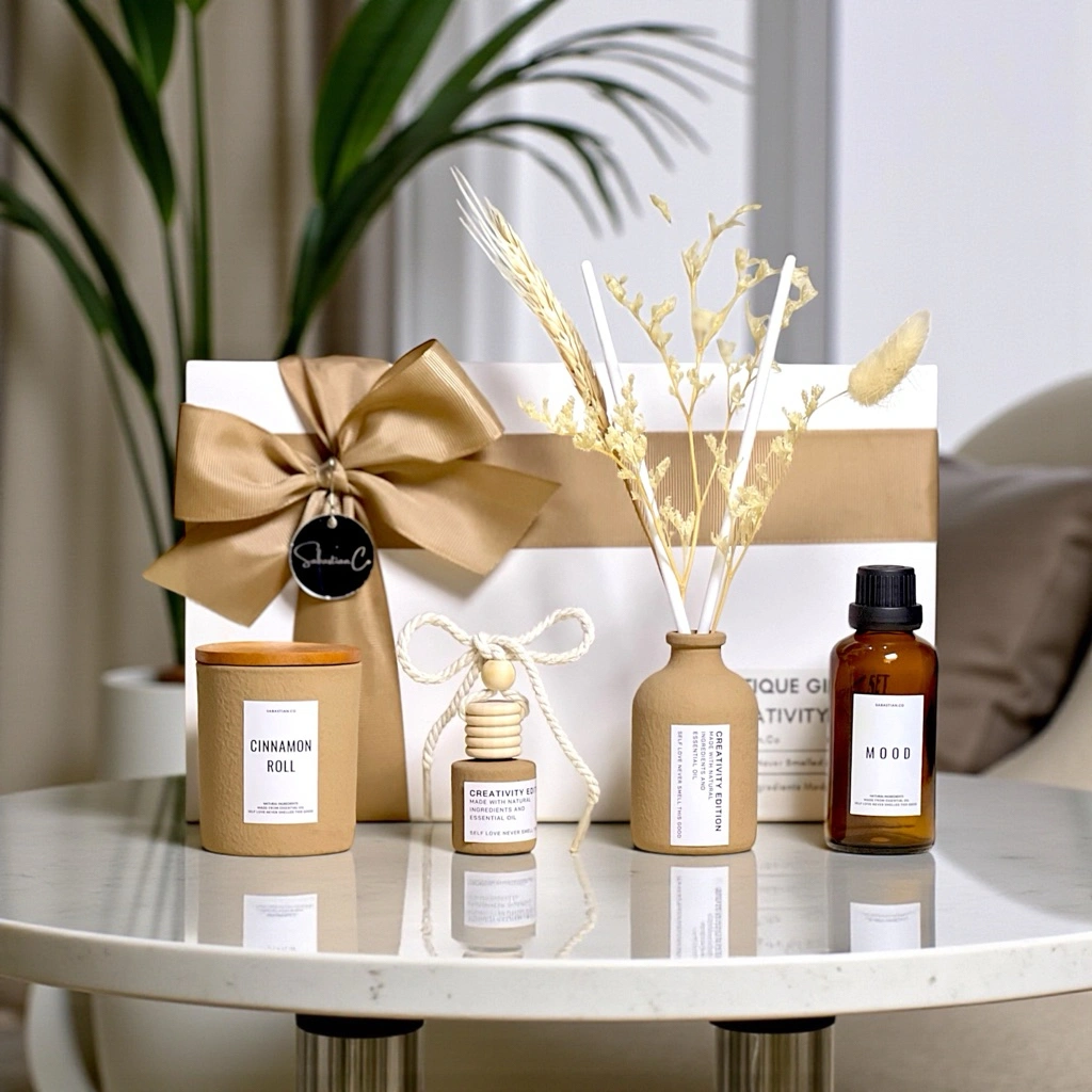 Gift Set Aromaterapi - Antique Creativity Edition (Diffuser, Candle & Car Freshener) Aromatherapy | Sabastian.Co | kado aesthetic hadiah pernikahan hampers aromaterapi diffuser aroma terapi lilin aromaterapi kado ulang tahun wanita hadiah bridesmaid