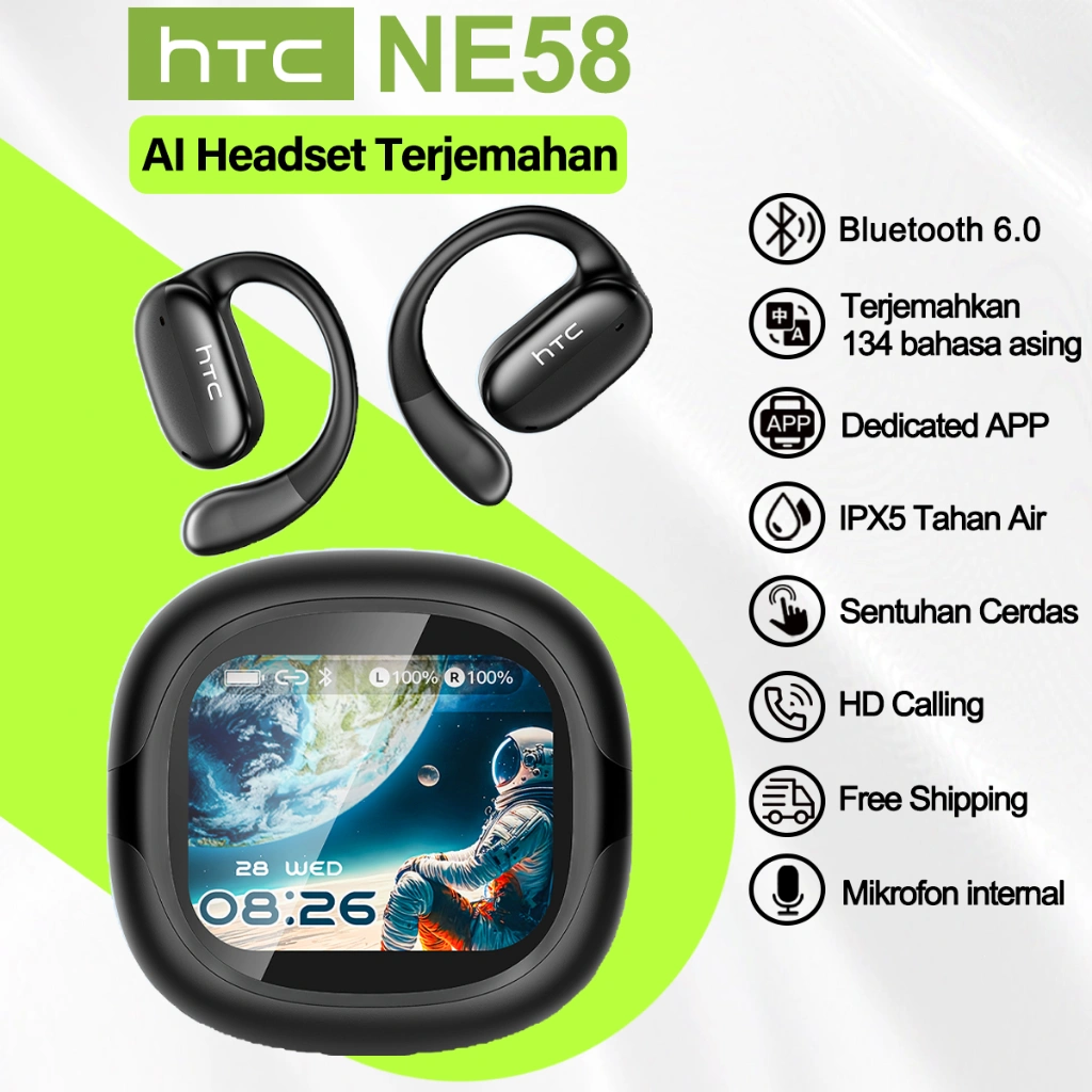 HTC NE58 Headset Terjemahan AI True wireless Bluetooth V6.0 OWS TWS Open Ear Earphone Headphone Layar Sentuh LED Mampu menerjemahkan 134 bahasa asing earbuds tws earhook tws sport headset olahraga IPX5 HIFI bass