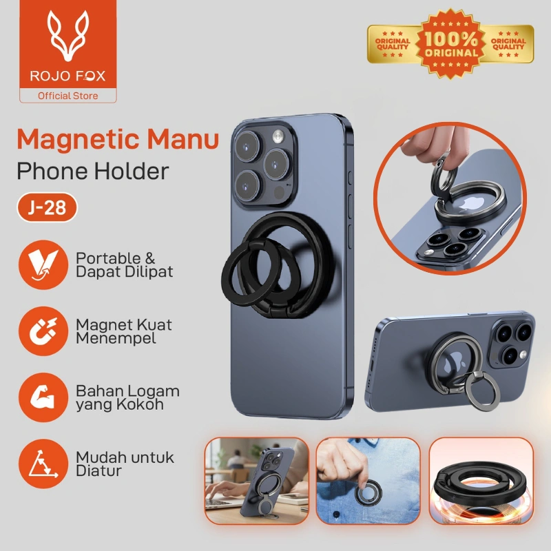 ROJO FOX RF-R01 Dudukan HP Magnetik Z Shape Magnet Kuat Bahan Metal Tebal 2 in 1 Jadi Ring Stand Putar 360 Semua Posisi Nonton Video Call Kompatibel MagSafe
