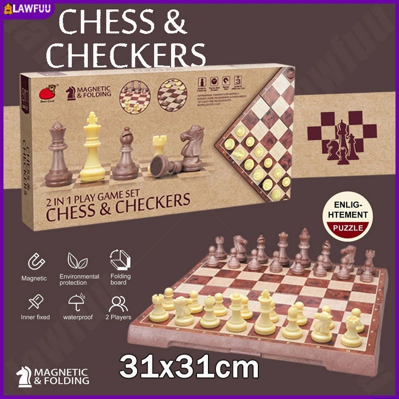 Catur & Checkers 2 in 1 Magnet - Model Klasik Kayu Vintage 31x31 cm / Papan Permainan Klasik Lengkap