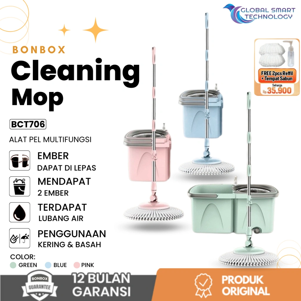BONBOX BCT706 Alat Pel Lantai Super Mop Kain Fiber dengan Spin Mop Ember Dapat Dilepas Alat Pembersih