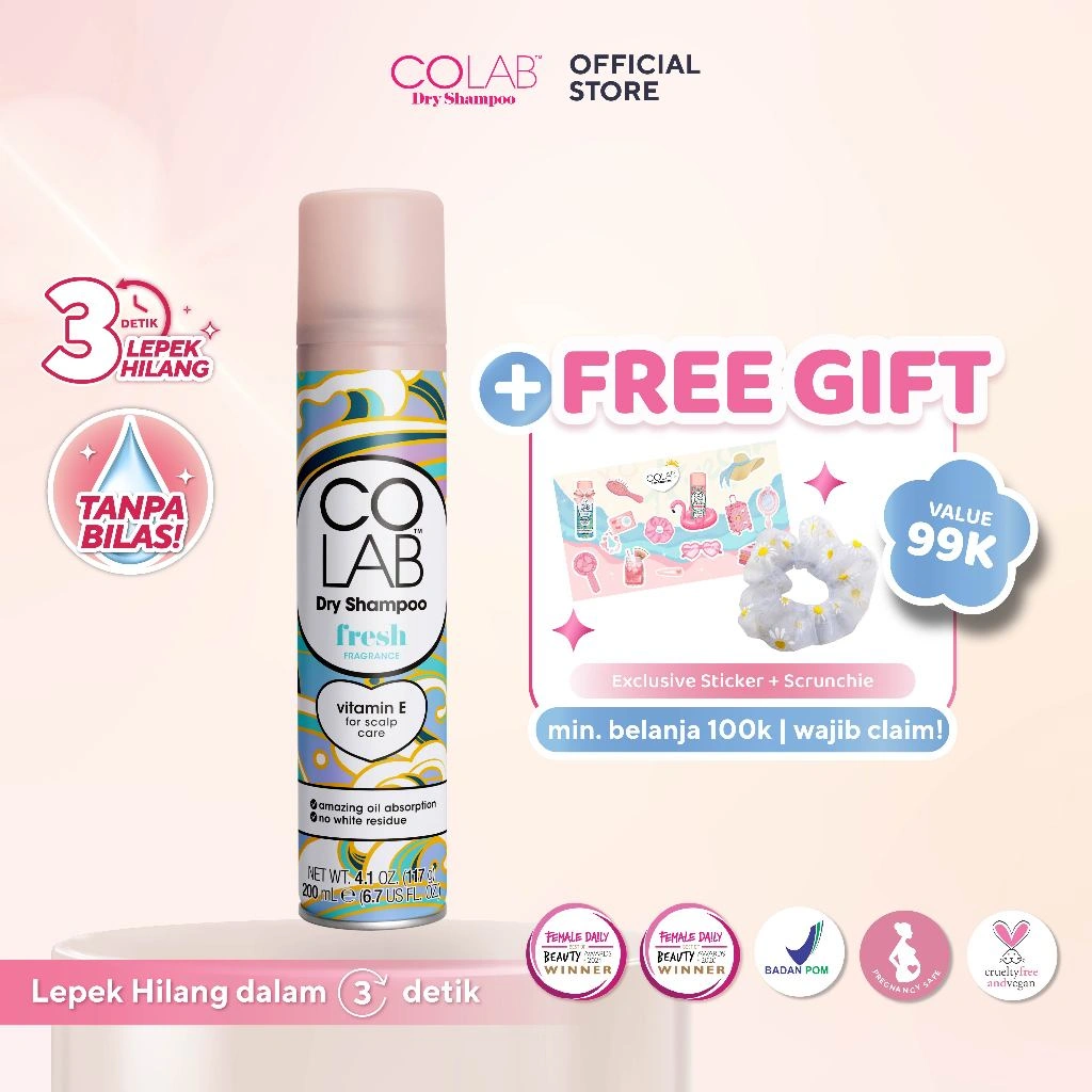 COLAB Dry Shampoo - Fresh / Dry Shampoo Tanpa Residu Putih / Atasi Rambut Lepek / Dry Shampoo Spray / Dry Shampoo Cocok untuk Hijab / Dry Shampoo Kulit Rambut Sensitif