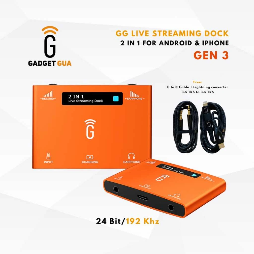 GG Live Streaming Dock 2 in 1 untuk Android & iPhone - Gen 3 (Orange) - Alat Streaming Audio Stereo dengan Kualitas Suara Jernih dan Hemat Biaya - Headphone