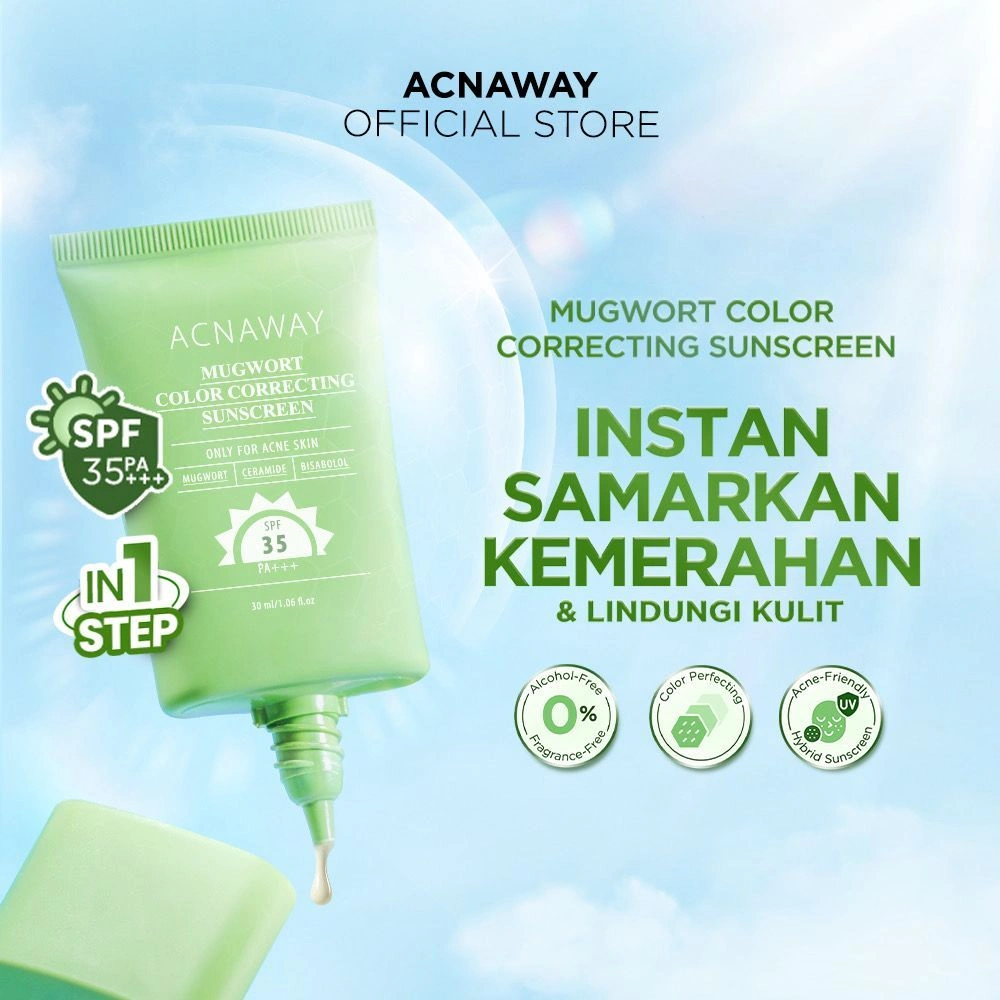 ACNAWAY Mugwort Color Correcting Sunscreen SPF 35 PA+++ - Sunscreen Tabir Surya Hybrid untuk Wajah Berjerawat, Calming Redakan Kemerahan Tone Up Tanpa Whitecast