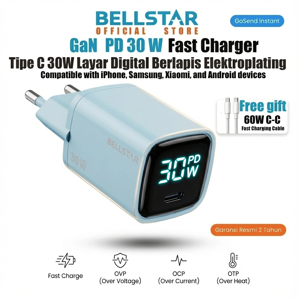 Charger Fast Charging Type C PD 30W Biru iPhone Samsung HP Electroplating digital display BELLSTAR