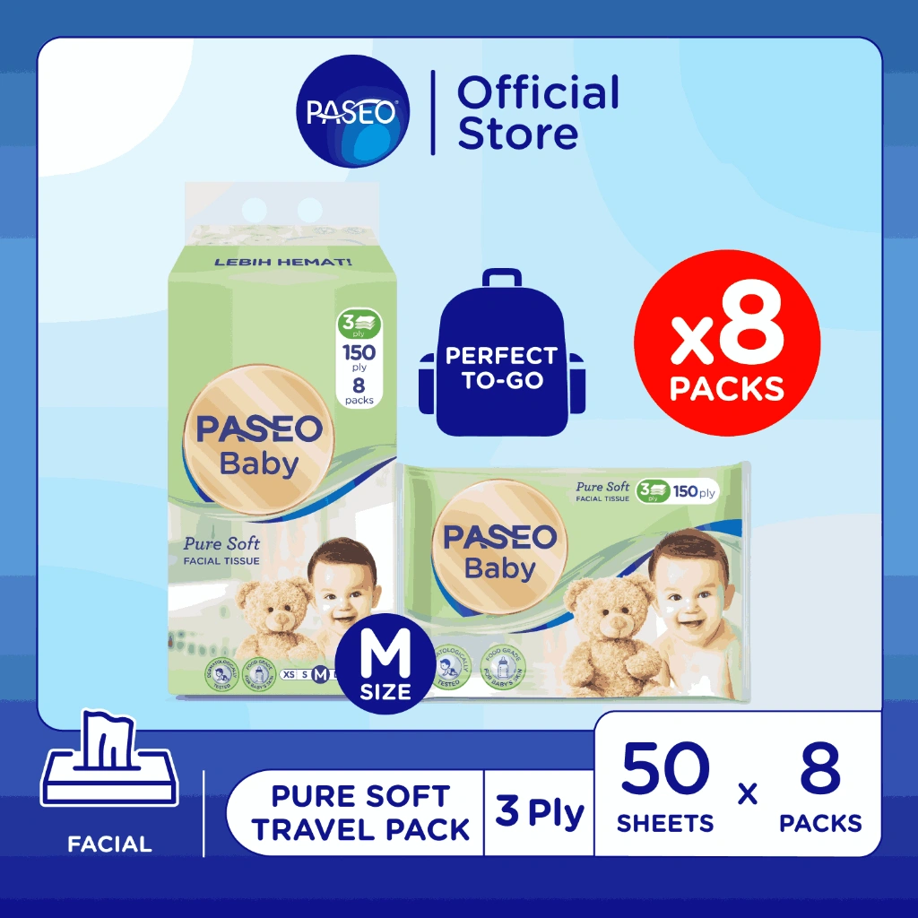 Lebih Hemat! Bundle 8 Paseo Baby Pure Soft Travel Pack 3ply 50's | Tisu Wajah Bayi 3 helai Multipack