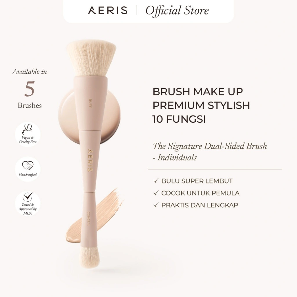 Aeris Beauté The Signature Dual-Sided Single Brush | Brush Make Up Lembut Premium Multifungsi Travel Portable untuk Bedak Foundation Concealer Eyeshadow