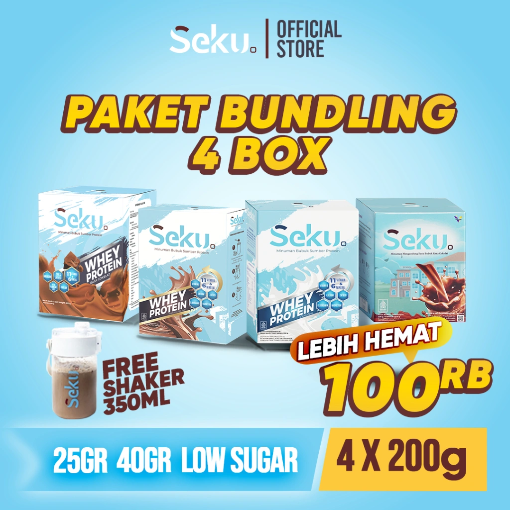 SEKU - PAKET BUNDLING 4 Box Susu SEKU Whey Protein untuk Anak & Remaja + Free Shaker