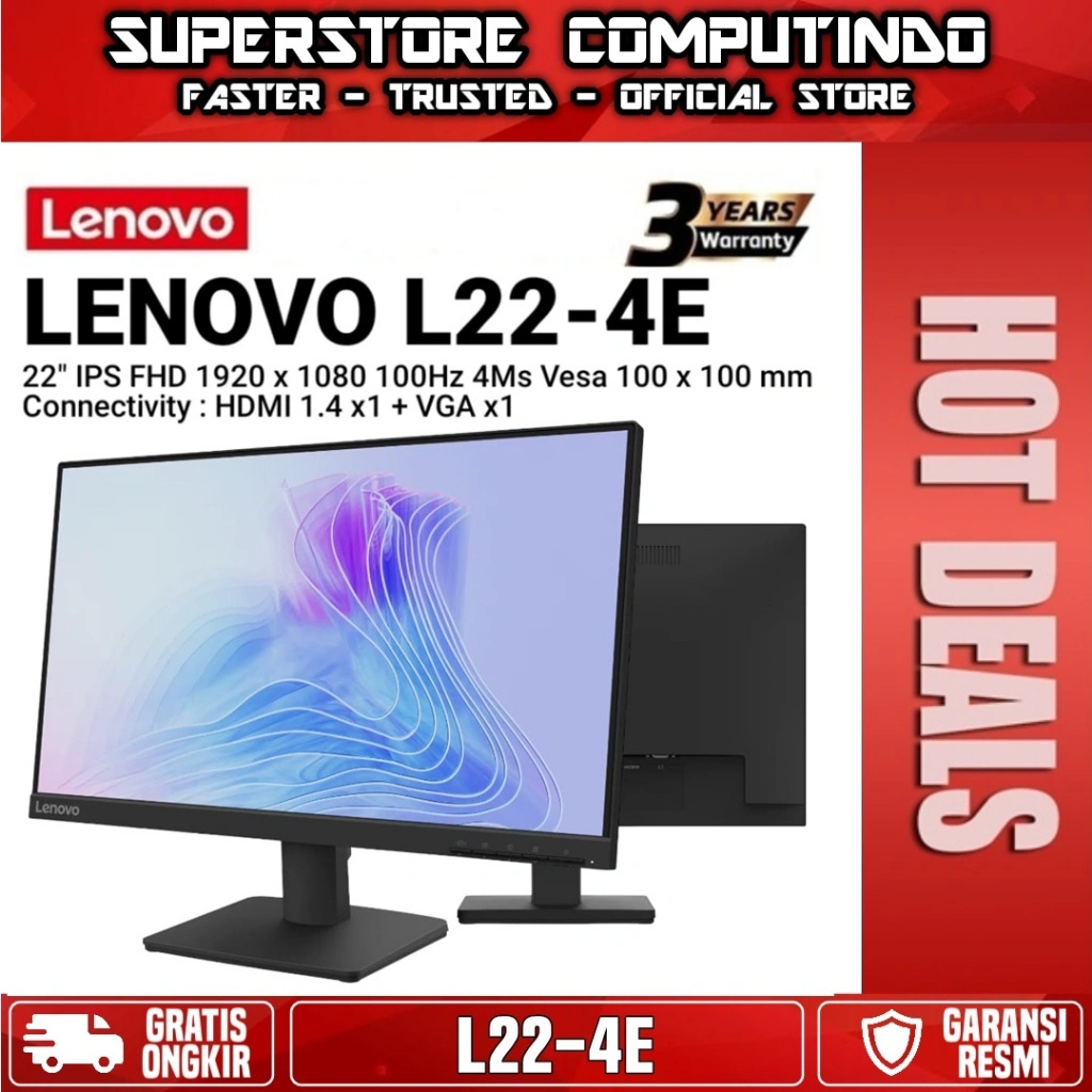 Monitor LED Lenovo L22-4e 22" IPS 1080p FHD 100Hz VGA x1 HDMI 1.4x1 Vesa 100x100mm Experience New-Age Viewing Discover Enhanced Comfort with Truly Smooth Visuals on the Display’s 100Hz Refresh Rate