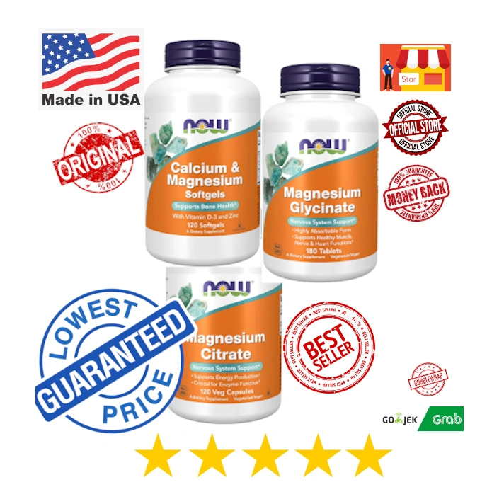 NOW Magnesium Glycinate | Citrate USA | Relax | Enzyme Function | Nervous System Support | Kesehatan Jantung | Relax | Tidur | Muscle | Otot | Heart Functions | Sistem Saraf | 180 Tablets | 120 Veg Capsules