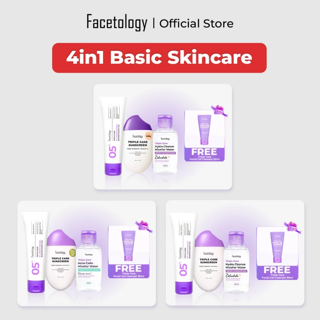 [4 in 1] Facetology Basic Skincare Set Barrier Boost Moisturizer 5% + Triple Care Sunscreen SPF 40 PA+++ 40ml & Micellar Water 100ml Get Free Facial Gel 30ml