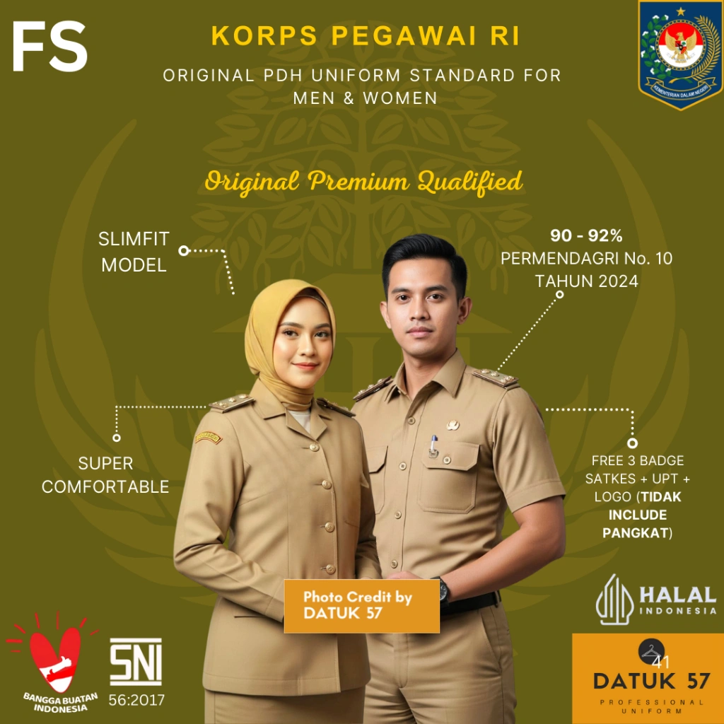 [FULL SET] Original Premium by Datuk57 : Seragam PDH Khaki Pemda PPPK PNS ASN Guru Pegawai Negeri Sipil Setelan Stel Kemendagri Kementerian Dalam Negeri Terbaru Pakaian Dinas Harian Kemeja Celana Atasan Bawahan (Pria dan Wanita)