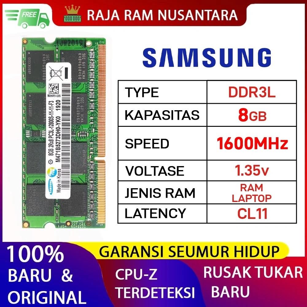 RAM LAPTOP SAMSUNG DDR3L 8GB 1600MHz PC 12800 1.35v ORI RAM SODIMM DDR3L 8GB
