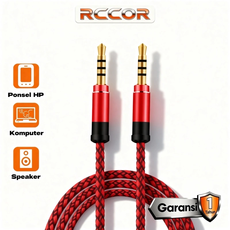 RCCOR Kabel Audio Hi-Fi 3.5mm to 3.5mm, Anyaman Nylon Super Kuat, Fleksibel & Anti Kusut, Suara Jernih