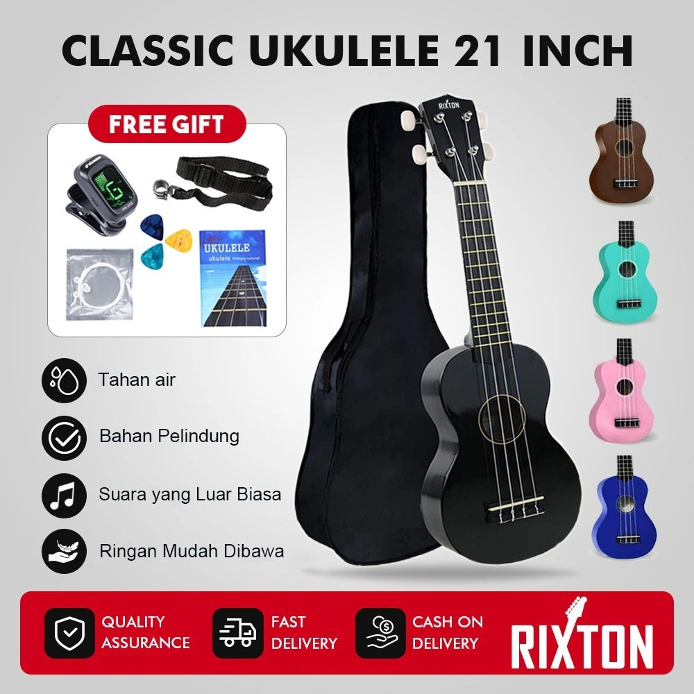 RIXTON Paket Lengkap Gitar Ukulele Soprano 4 Senar Spruce Basswood 21 Inci