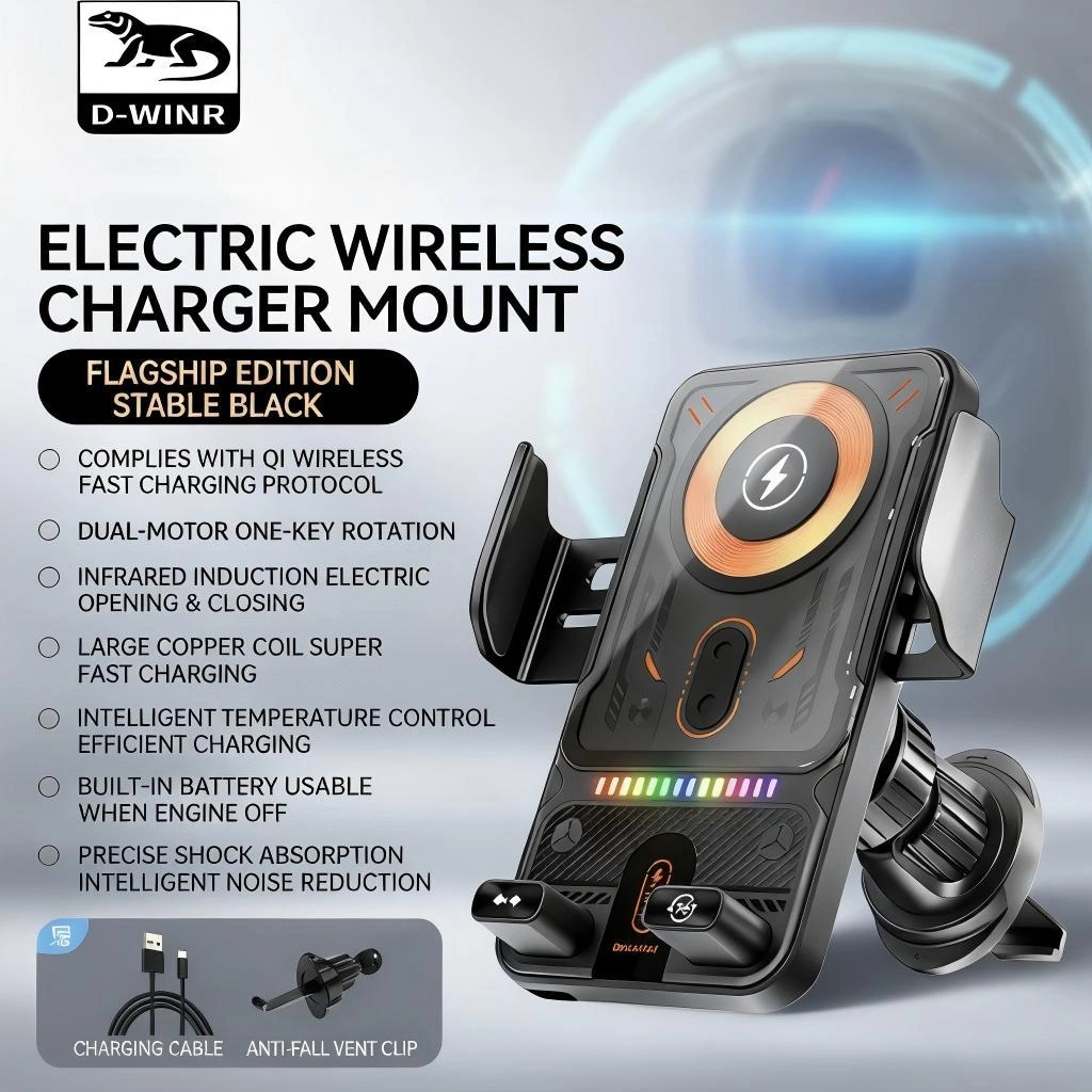 DWINR Car Holder Magsafe Phone Holder Wireless Charging 15Watt Automatic Rotating 90degree Rotasi Otomatis ( Black Only for all smartphone which support Magnetic Charging)Fast Charging Type C input Technology infused interior decorations sophistication