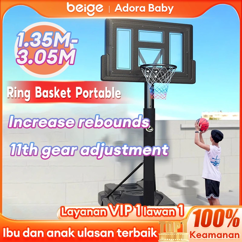 Ring Basket Portable Tinggi Bisa Diatur 1.35-3.05m Stand Bola Basket Anak Mudah Dipindah