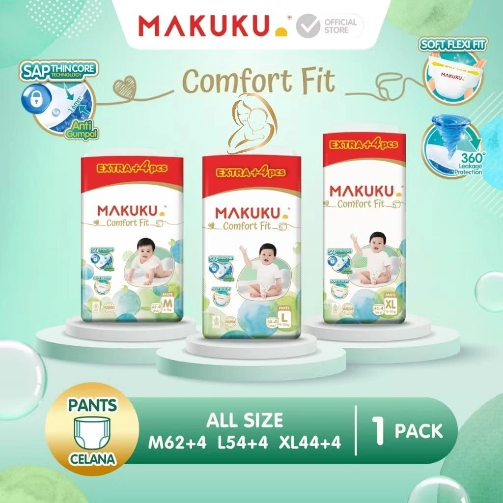 Makuku SAP Diapers Comfort Fit JUMBO PACK M42+4 M62+4 M80+10 L40+4 L54+4 L74+10 XL44+4 XL60+6 | Popok Bayi Tipe Celana | G-Baby Shop