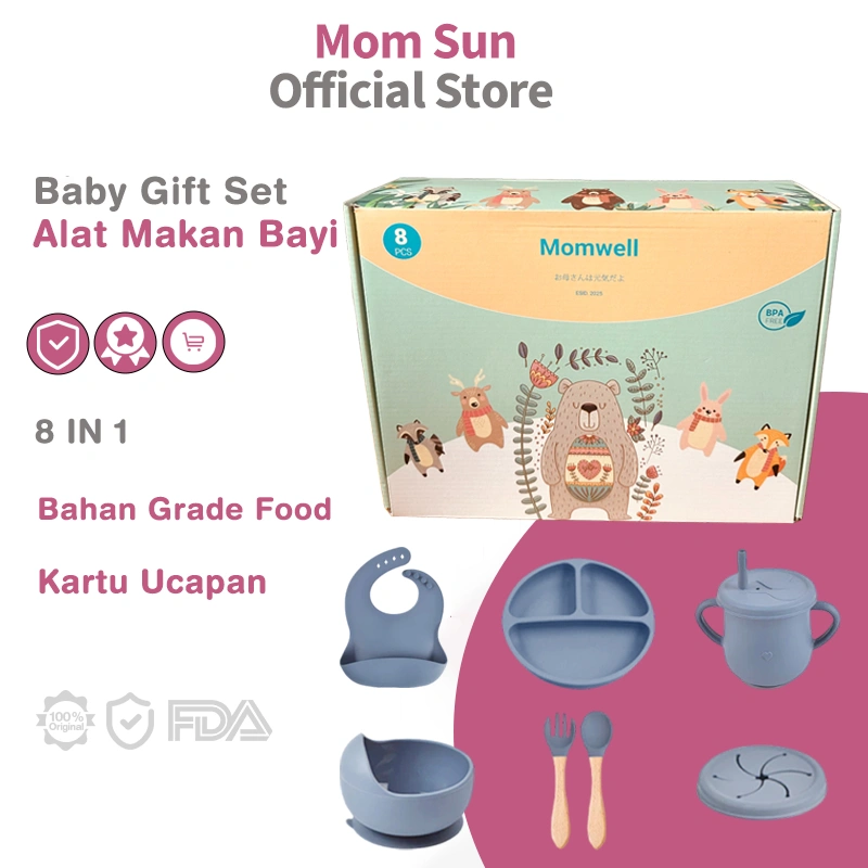 Mom Sun 8 in 1 Alat Makan Bayi Baby Gift Set Peralatan Makan Silikon Dengan Kartu Ucapan BIB06