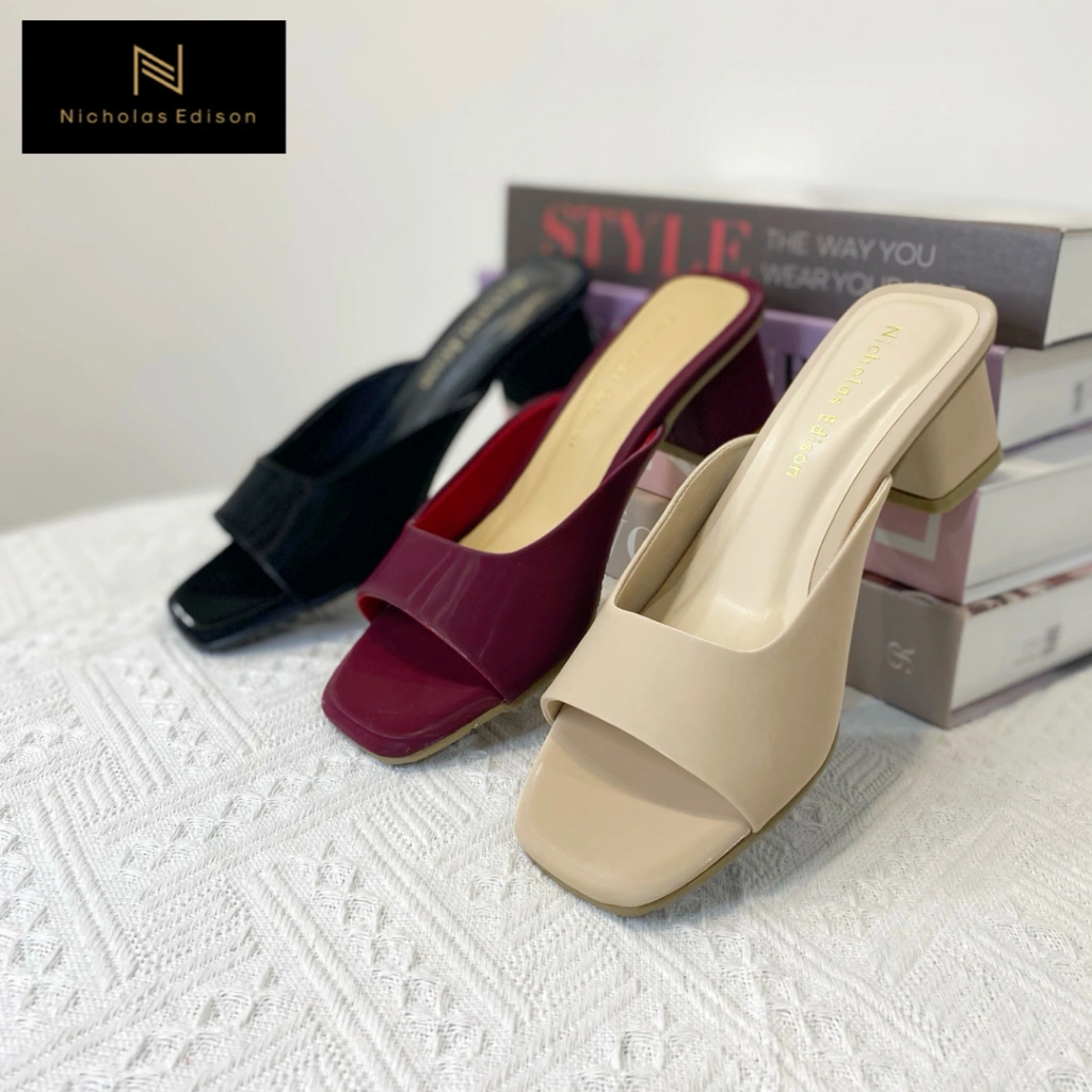 nicholas edison block heel vindi sandal hak tinggi sedang kotak slip on terbaru