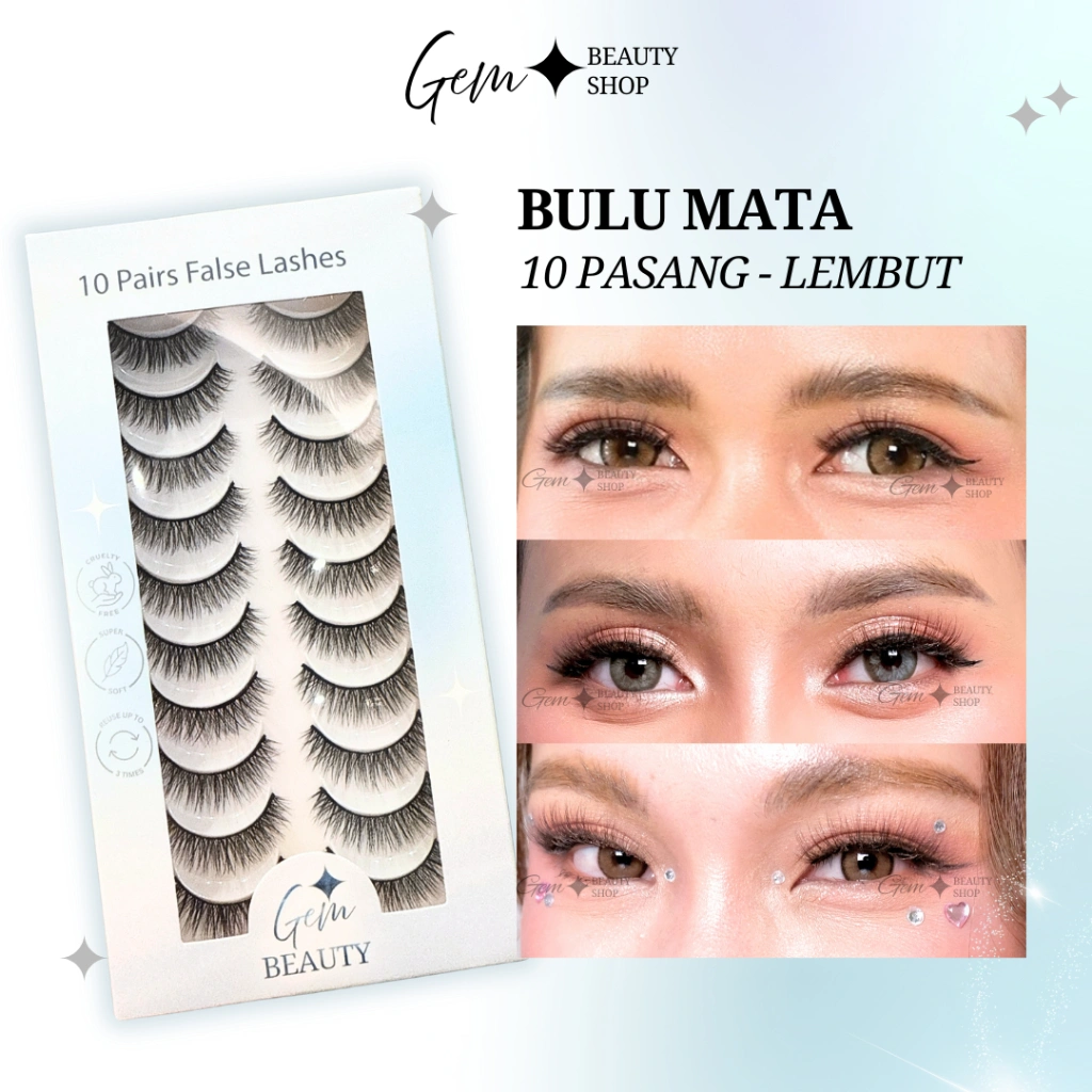 GEM BEAUTY Bulu Mata 10 Pasang Premium | Fake Eye Lashes Palsu Lentik 3D Halus Natural Tipe Y4 (G4)